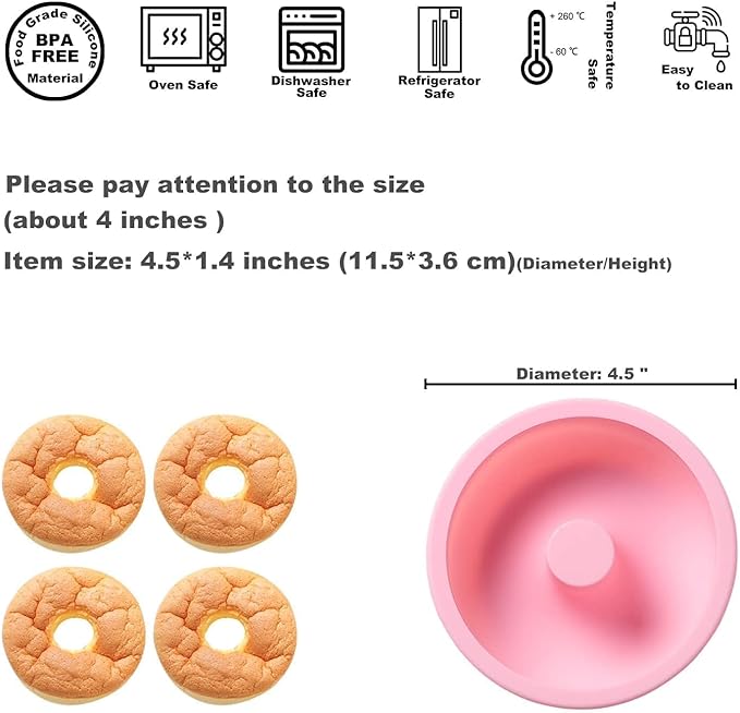 4 Inches Silicone Donuts Pan Set, 4 Pieces Non-stick Pastry Molds Cake Baking Molds for Bagel and Doughnut Cake Pans (Pink)
