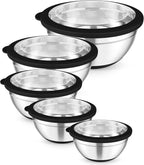 TeamFar Mixing Bowls, 5PCS Stainless Steel Serving Salad Bowls with Lids, For Kitchen Mixing/Baking/Storing/Prepping, Visible & Airtight, Non-Slip Bottom - 4.6/3.5/1.5/1 / 0.7 QT, Black