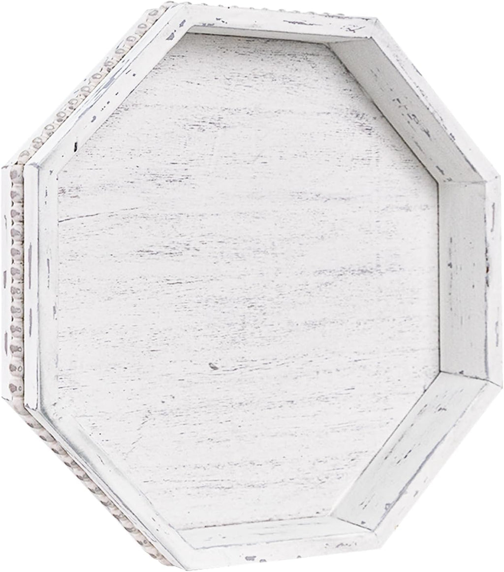 Wooden Decorative Tray, Small Serving Tray with Wood Bead, Farmhouse Big Tray for Ottoman, Countertop, Coffee Tabl, 13" x 13"x 1.6" (Retro White)