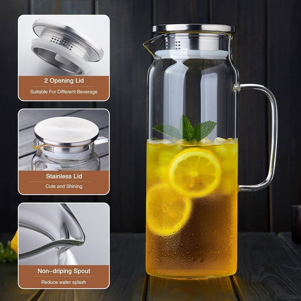 53OZ Glass Pitcher with Lid and Spout, Water Jug, 1580ml Carafe for Hot/Cold Water, Large Iced Tea Pitcher for Coffee, Juice and Homemade Beverage