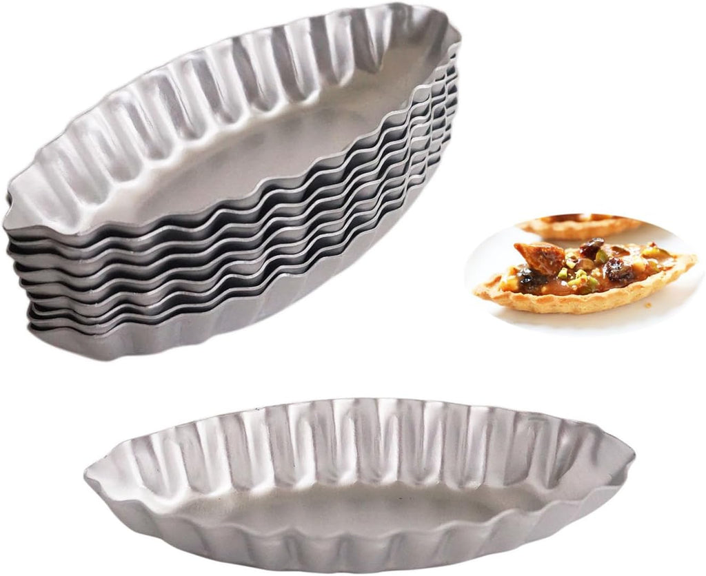 10PCS Aluminum Boat Tart Pan, Fluted Oval Tart Mold, Small Boat Shape Baking Mold, Wavy Tartlet Pie Pans, Pudding Molds Flower Edge Trays Specialty Design - Silver
