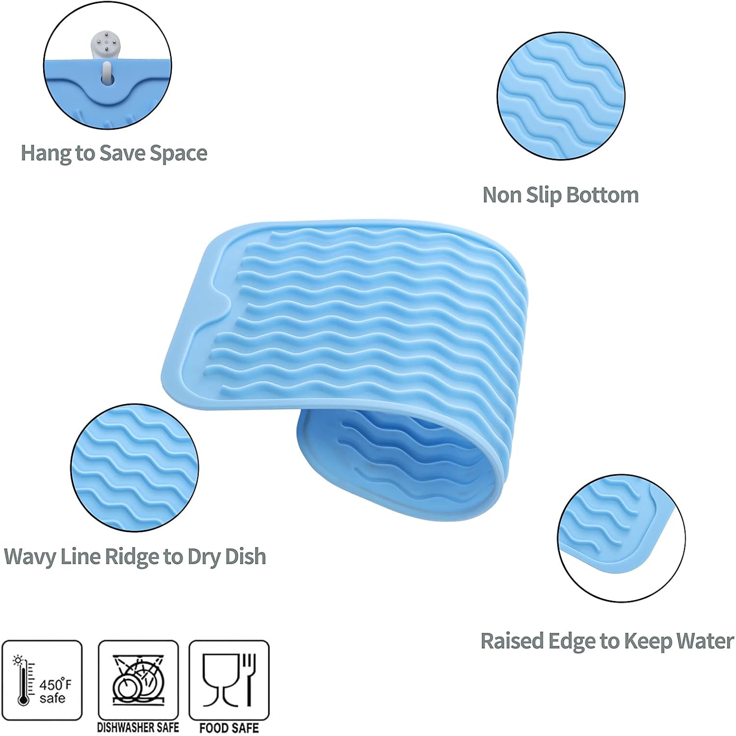 Silicone Dish Drying Mat for Multiple Usage,Easy clean,Eco-friendly,Heat-resistant Silicone Mat for Kitchen Counter or Sink,Refrigerator or Drawer Liner Light Blue S 12 inches x 6 inches