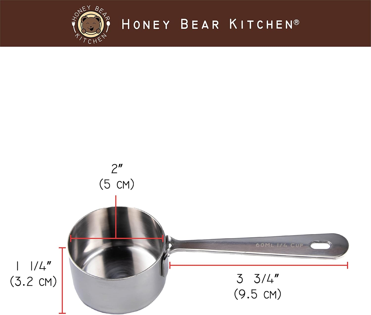 Honey Bear Kitchen 1/4 Cup 60 ml Leave-in Measuring Scoop Cups v2, Polished Stainless Steel (Set of 2)