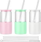 Sunseeke Glass Tumbler with Straw and Lid, 16oz Ice Coffee Cup, Silicone Sleeve Cleaning Brushes, Drinking Glasses for Water, Iced Coffee, Smoothie - BPA Free -3 Pack