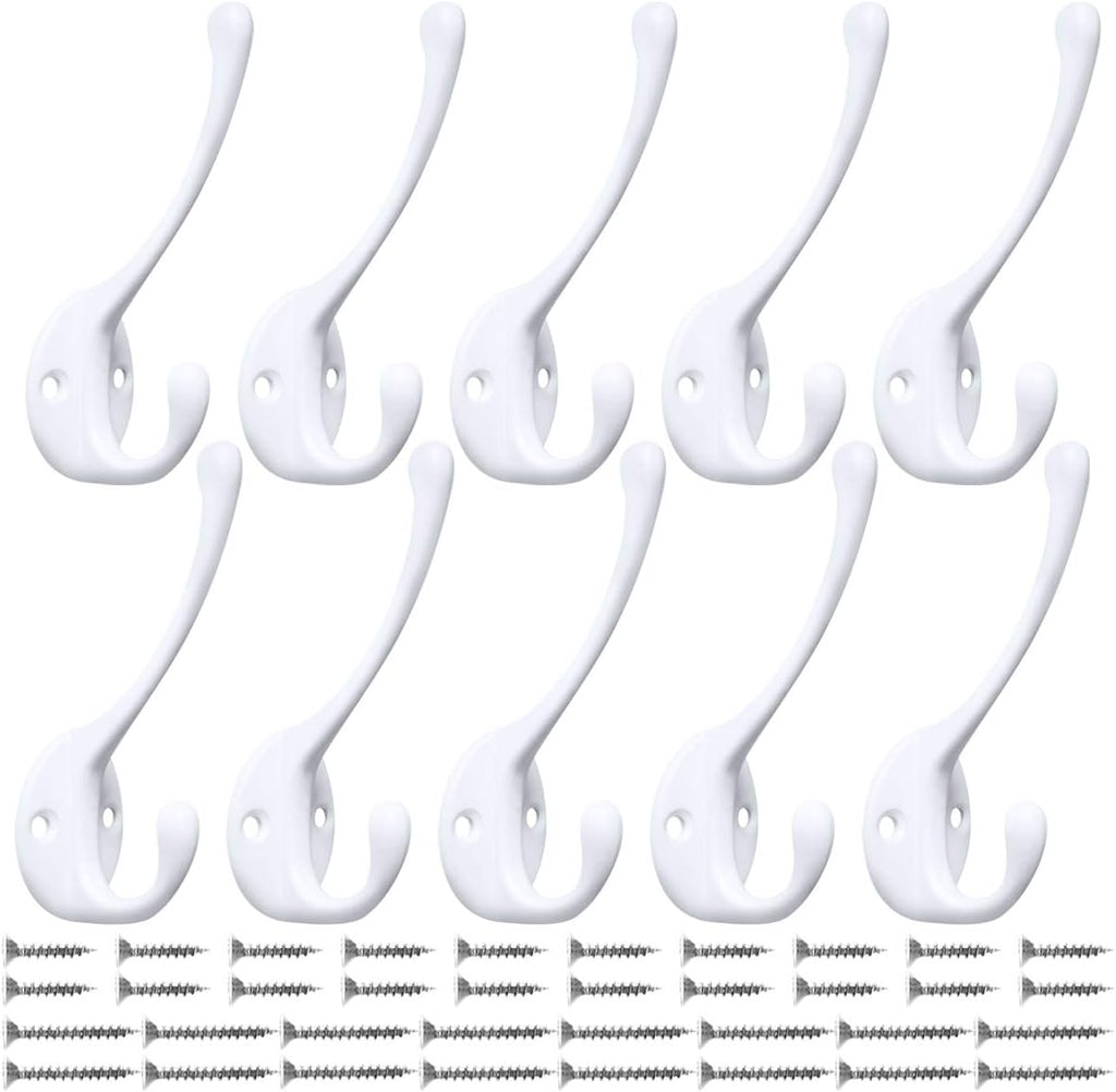10 Pack Heavy Duty Dual Coat Hooks Wall Mounted with 20 Screws Retro Double Hooks Utility Black Hooks for Coat, Scarf, Bag, Towel, Key, Cap, Cup, Hat (White)