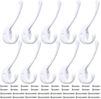 10 Pack Heavy Duty Dual Coat Hooks Wall Mounted with 20 Screws Retro Double Hooks Utility Black Hooks for Coat, Scarf, Bag, Towel, Key, Cap, Cup, Hat (White)