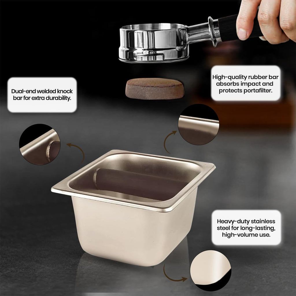 Rattleware Heavy-Duty Stainless Steel Knock Box Espresso Puck Disposal Durable Commercial Grade with Welded Bar Splash Guard All-Stainless Design for Busy Cafes and Home Baristas (6" x 5.5" x 4")