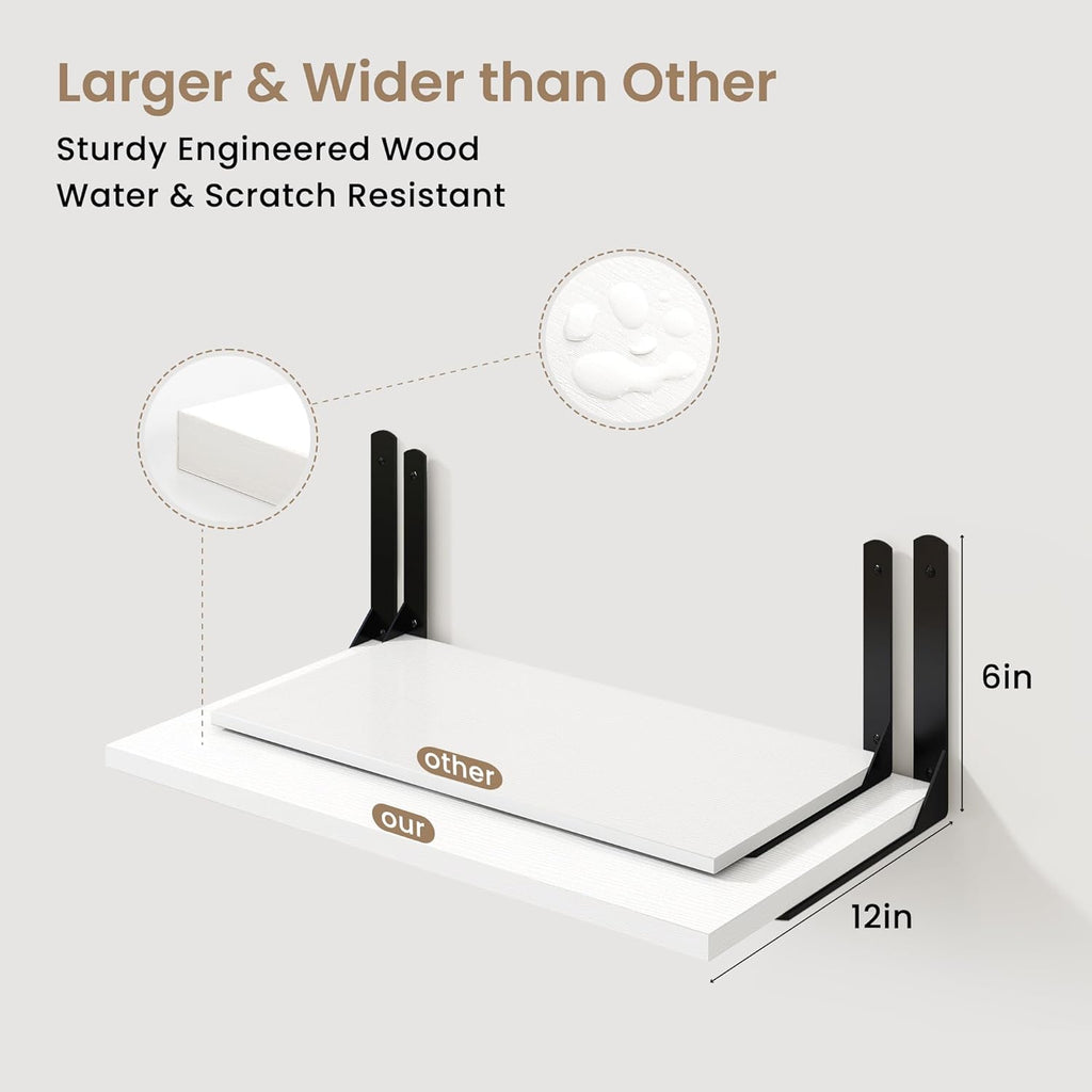 Fun Memories Floating Shelves for Wall, 12 Inch Deep Floating Shelves Set of 2, Wall Mounted Shelf with Metal Brackets, Rustic Wood Wide Shelf for Bathroom, Kitchen and Living Room, White, 16W x 12D