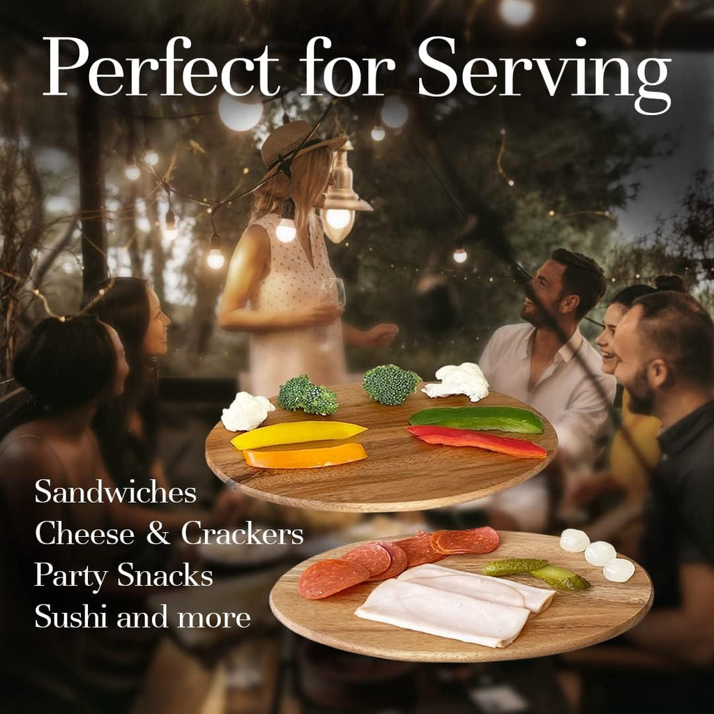 Woodard & Charles 6 Acacia Wood Serving Boards with Stand, Perfect for Serving, Sushi, Cheese, Hors d'oeuvre, Charcuterie, Sandwiches, 7 Piece Set, 9 1/2" x 6 1/2"