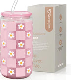 SANDJEST Checkerboard Daisies Glass Can, Floral Checker Cup with Lid & Straw, Iced Coffee Aesthetic Cups, Gift for Christmas Birthday Mother Day, Gifts for Women, 16oz