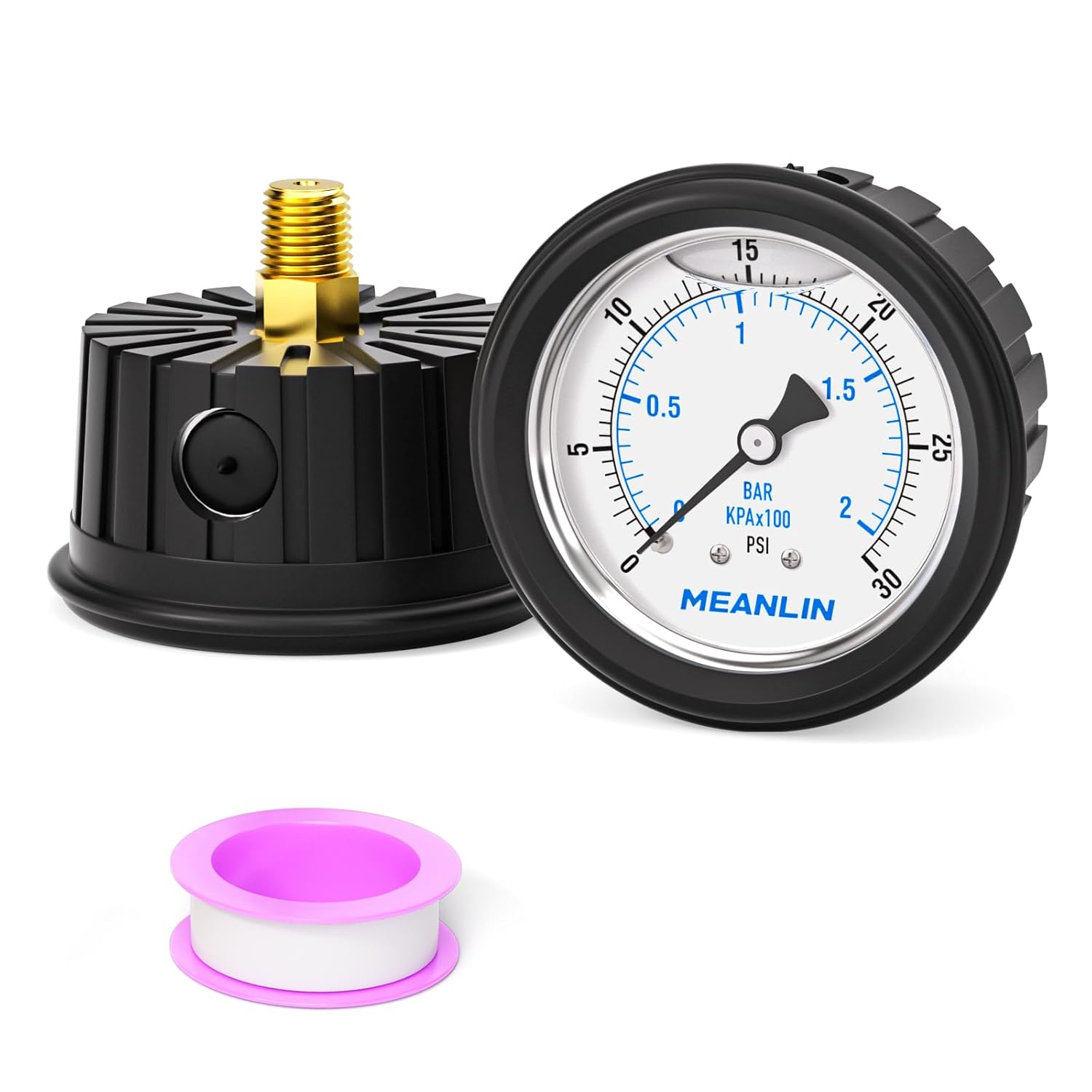 MEANLIN MEASURE 0~30Psi Stainless Steel Liquid Filled Pressure Gauge 1/4" NPT 2.5" FACE DIAL with Rubber Protective Sleeve, Center Back Mount