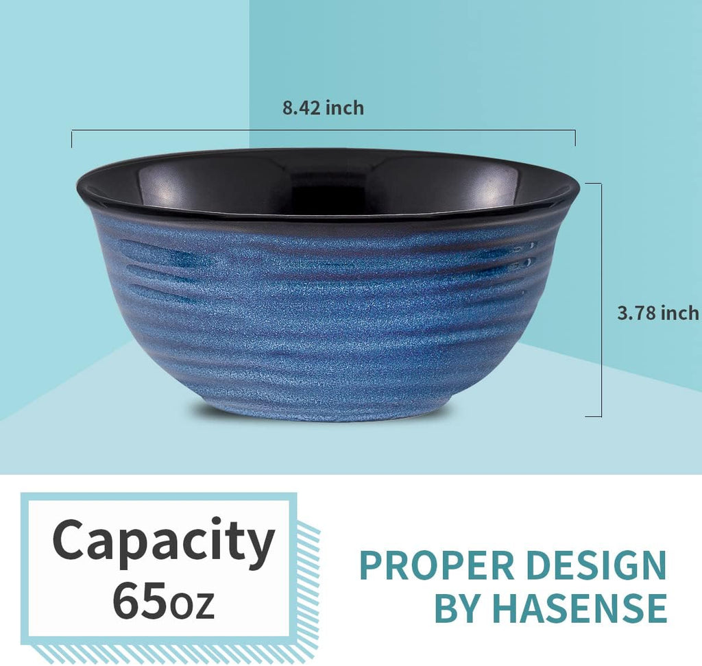 Hasense Ceramic Salad Bowls, 8.5 Inch Large Serving Bowls, 60 oz Serving Dishes for Entertaining Soup Pasta Ramen Pho Fruit Popcorn, Dishwasher and Microwave Safe, Set of 2, Navy Blue
