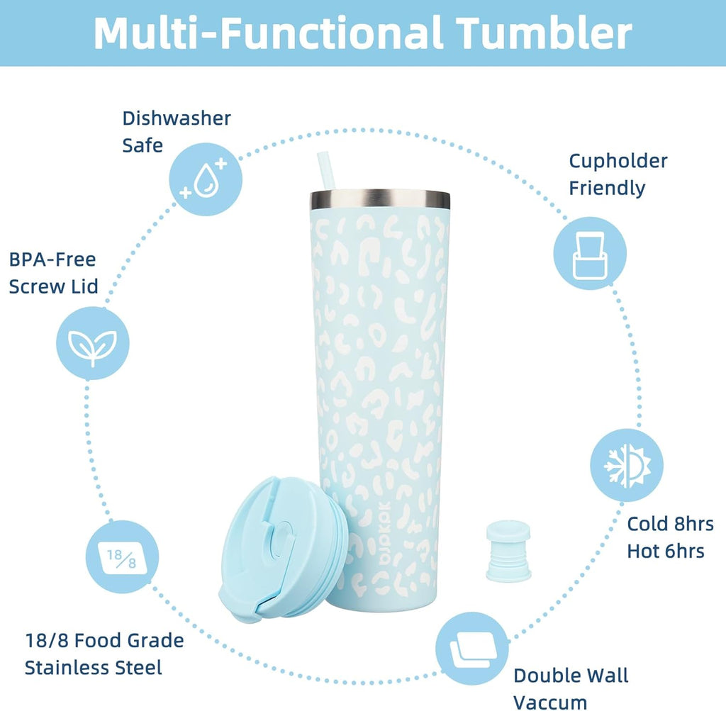 BJPKPK 34oz Tumbler With lid And Straw Stainless Steel Travel Coffee Mug Insulated Tumblers Cups,Light Blue Leopard