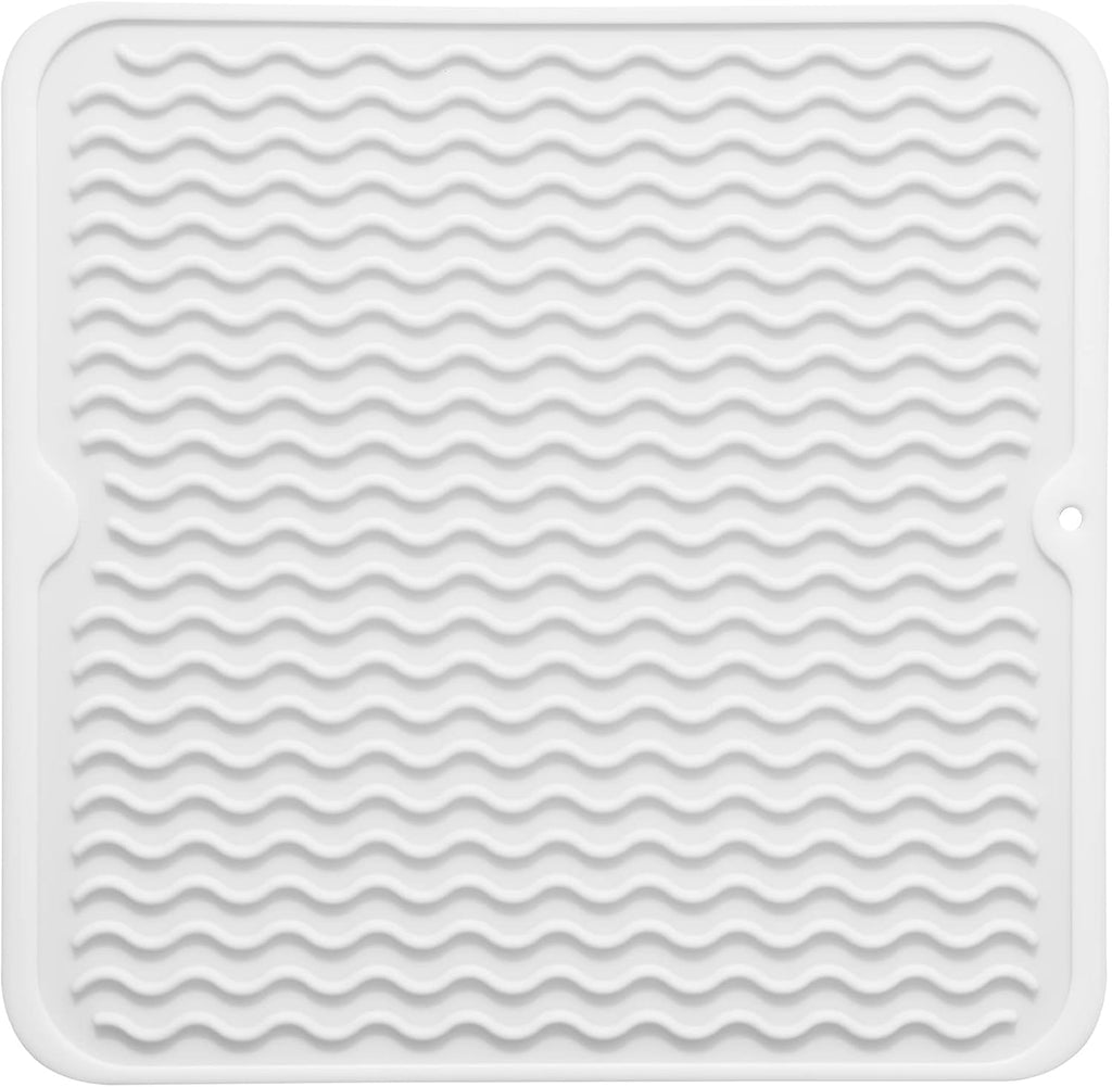 Silicone Dish Drying Mat for Multiple Usage,Easy clean,Eco-friendly,Heat-resistant Silicone Mat for Kitchen Counter or Sink,Refrigerator or Drawer liner White M 12 inches x 12 inches