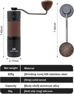 Manual coffee grinder, portable stainless steel cone grinder with solid wood knob, adjustable handle, suitable for home office travel, camping or hiking, black