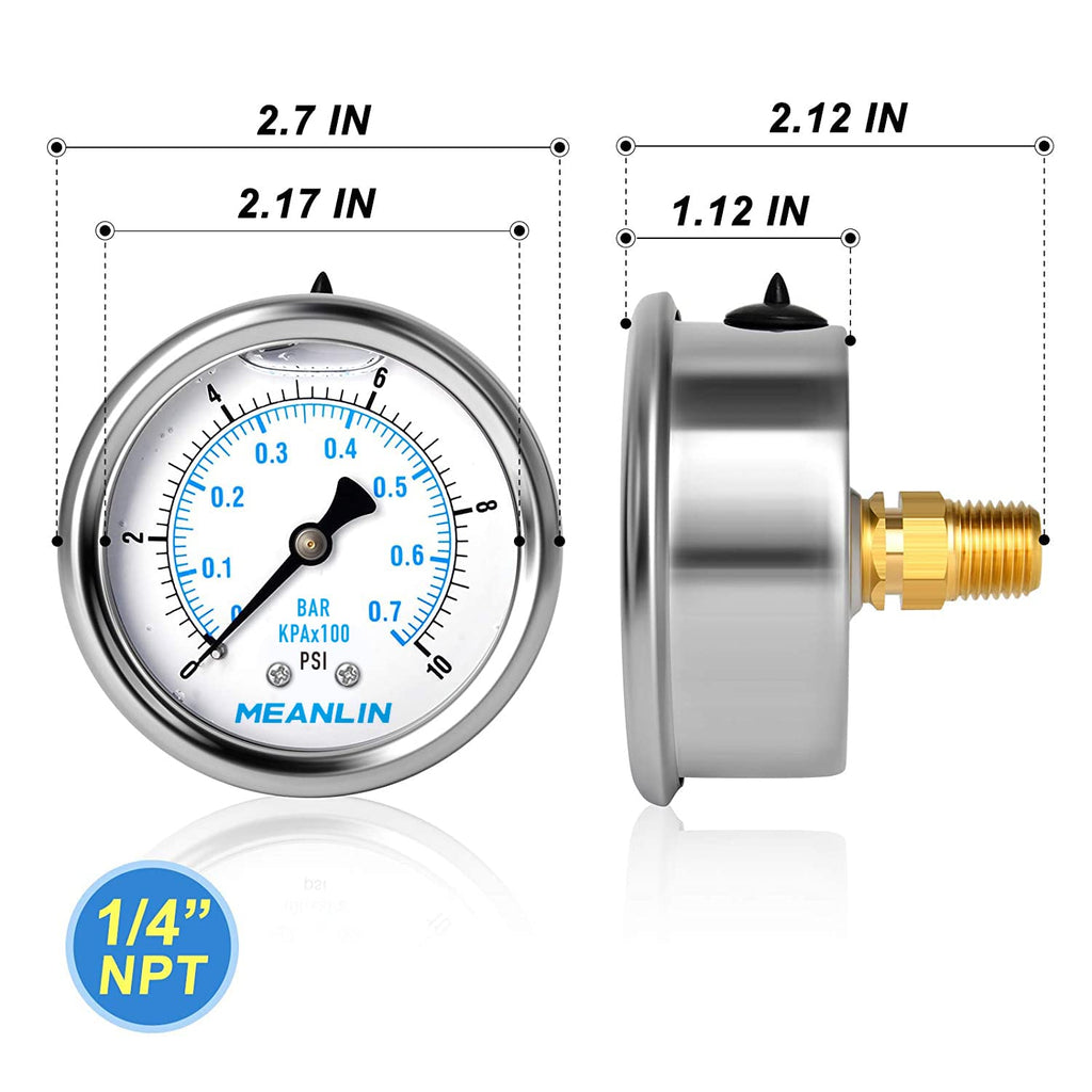 MEANLIN MEASURE 0~10Psi Stainless Steel 1/4" NPT 2.5" FACE DIAL Liquid Filled Pressure Gauge WOG Water Oil Air Center Back Mount, with 1/2" NPT and 3/8" NPT Hex Bushing