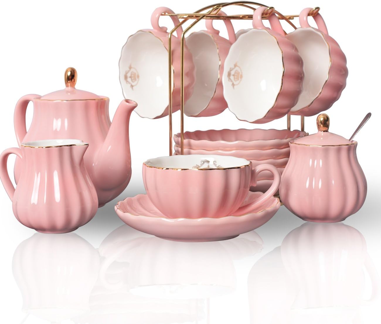 Sweejar Porcelain Tea Sets British Royal Series, 8 OZ Cups & Saucer Service for 6, with Teapot Sugar Bowl Cream Pitcher Teaspoons and Tea Strainer, Suitable for High Tea, Wedding, Party (Pink)