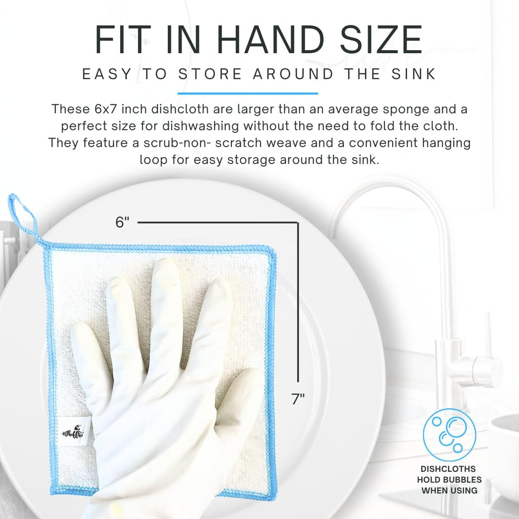 Whiffkitch Dishcloths Dishrags for Kitchen and Household Cleaning 6x7 3-Pack Non-Scratch 2-Ply Weave, Bamboo-Rayon Fabric, Absorbent, Washable, Long-Lasting