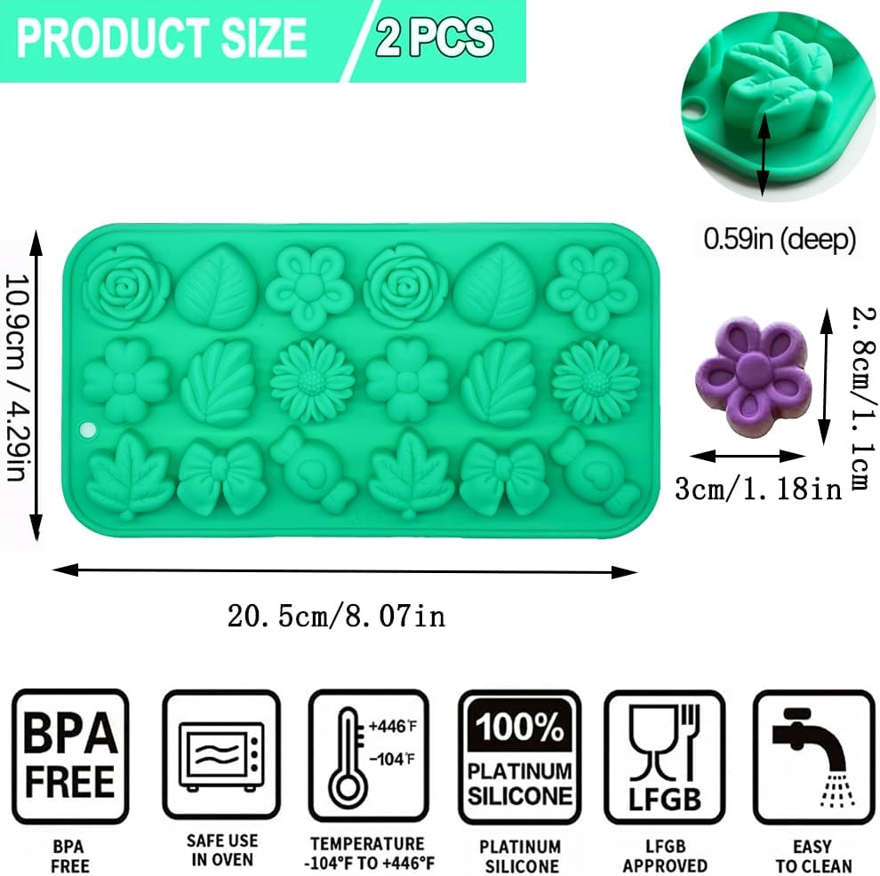 Gummy Candy Molds - 2Pcs Silicone Gummy Daisy Flower/Tulip Flower/Bow Tie/Leaf Candy Mold for Kids, Non-stick and Bpa Free for Candy Chocolate Gummy Jello Baking Soap Pudding Cookie Desserts Making