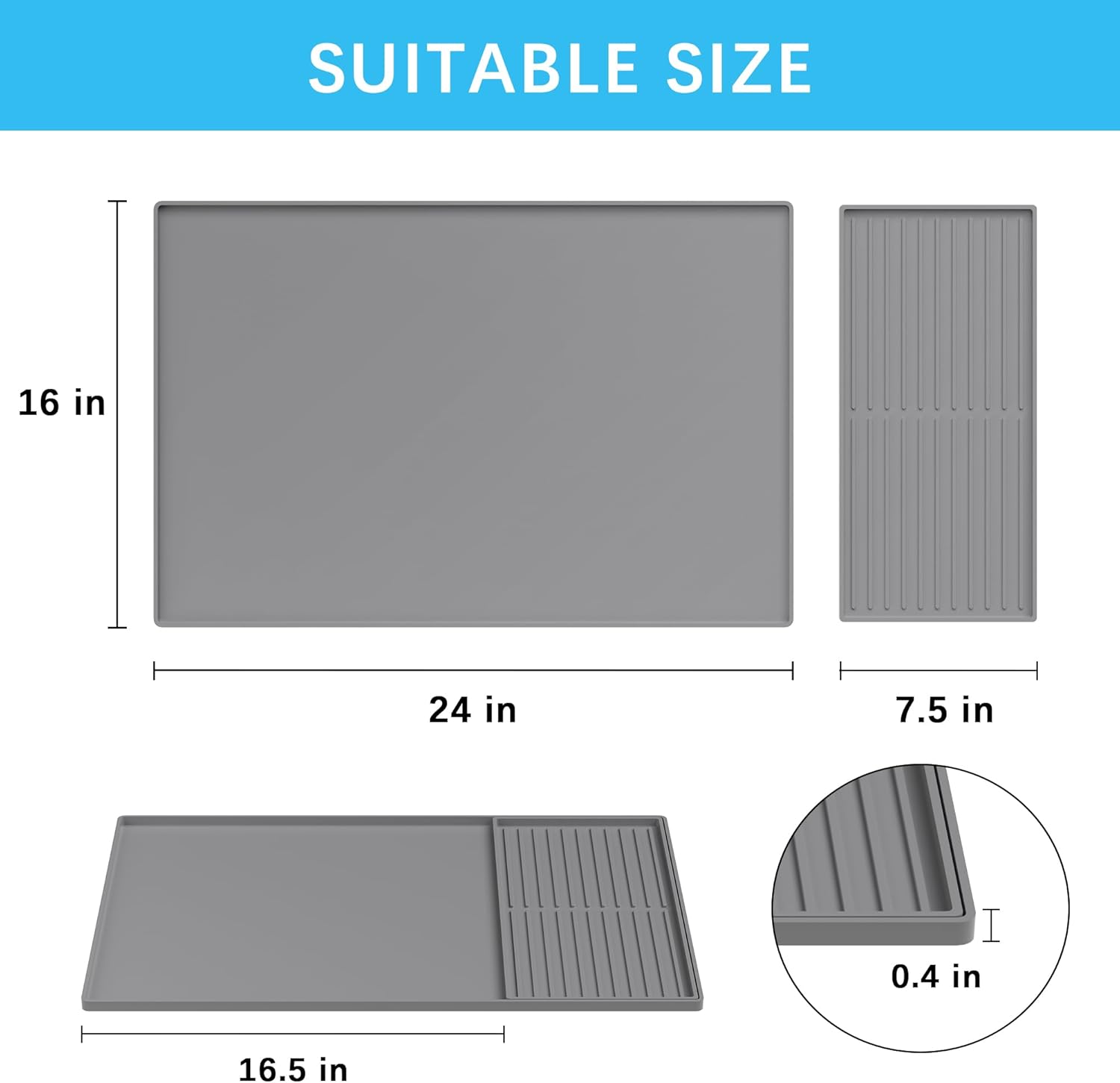 Golener Silicone Coffee Mat Set - 24" x 16" Coffee Bar Mat for Countertop, Kitchen Station Pad Accessories Fit Under Coffee Maker or Machine, Dish Drying Mat, Heat Resistant Kitchen Gadget, Grey