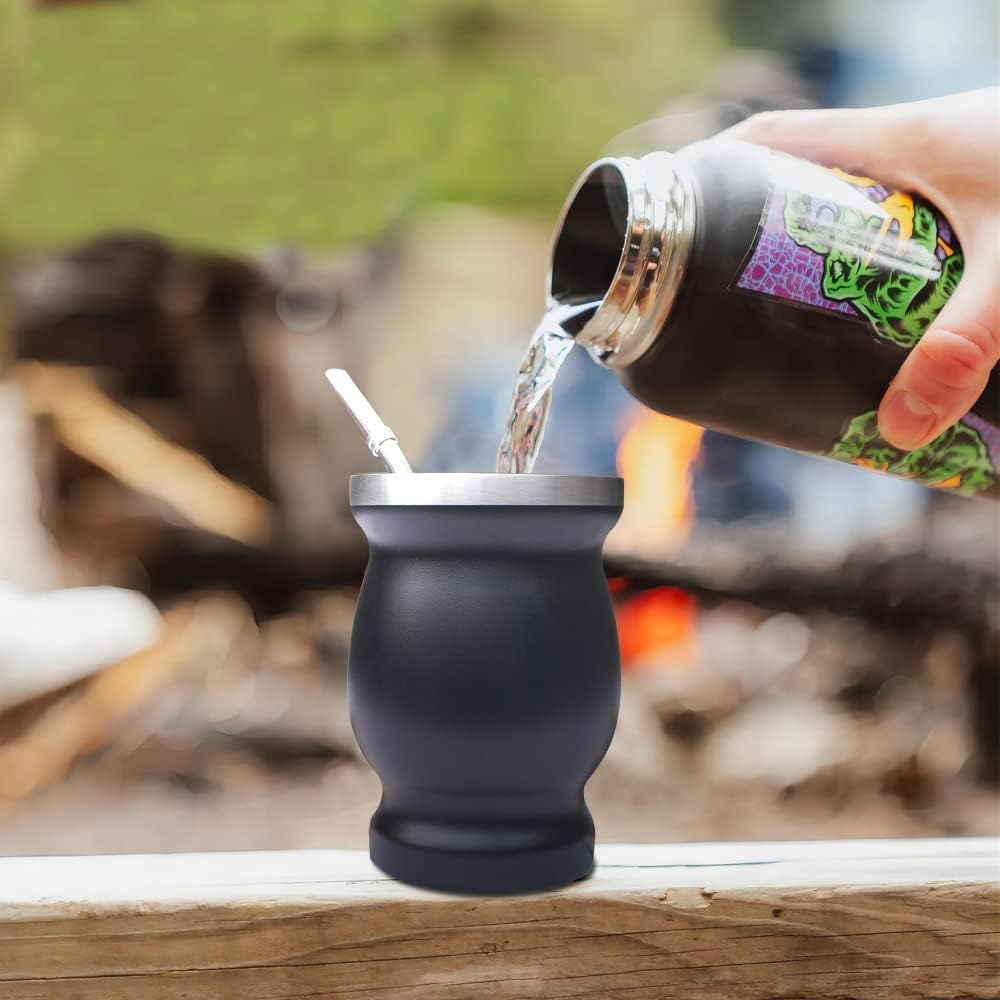 Beruth 8oz Yerba Mate Cup Set, Double Wall 304 Stainless Steel Mate Gourd, Heat Insulated Mug & Anti-Scalding Design, Includes 2 Bombillas & Cleaning Brush （Black）