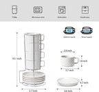 Sureasy Ceramic Espresso Cups Set of 4 – 4 oz White Embossed Cappuccino Cups with Saucers and Metal Stand, Stackable Mugs for Latte, Mocha, Tea, and Specialty Coffee