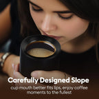 A set of 2 matte black ceramic espresso cups, thickened cup walls, slanted mouth design, each with a capacity of 3 ounces, hand washable only