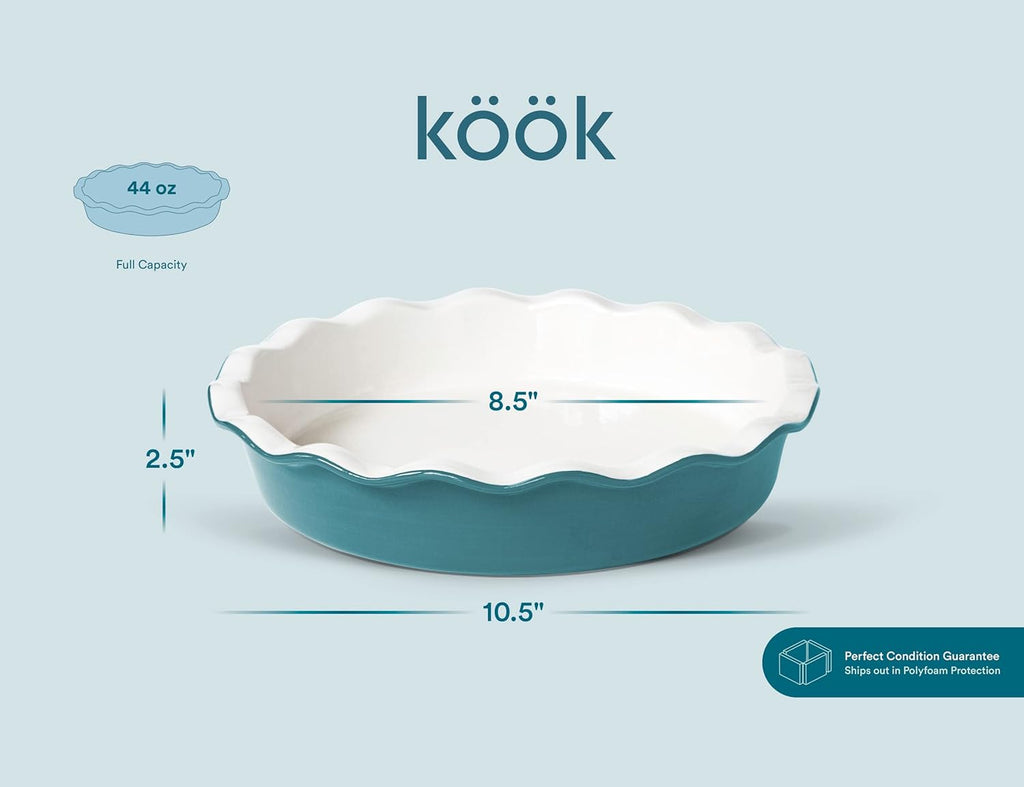 KooK Deep Dish Pie, Pecan Dessert Dish, Porcelain, Ceramic, Deep Dish Plate 10 Inch, Apple Pie, Ruffled Wave Edge, Reusable Round Pan, Oven and Dishwasher Safe, 44 Oz (Aqua)