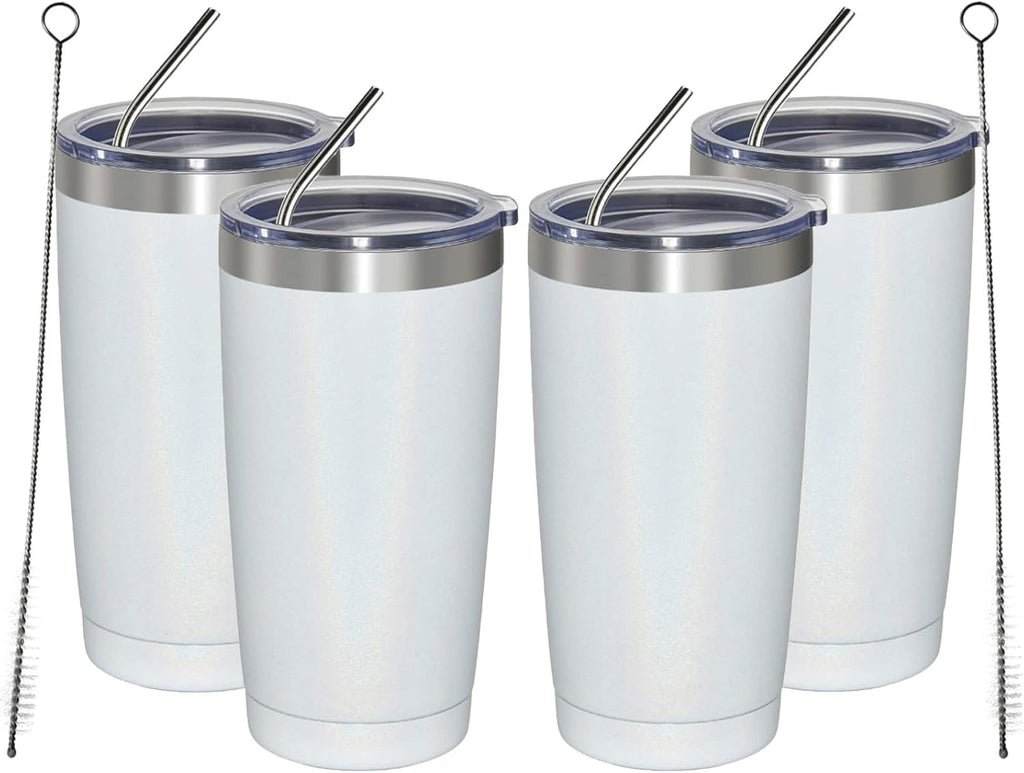 MEWAY 20oz Tumbler 4 Pack Double Wall Vacuum Insulated Travel Glitter Mug Bulk, Stainless Steel Tumblers with Lid and Straw, Powder Coated Coffee Cups for Woman(Rainbow White,Set of 4)