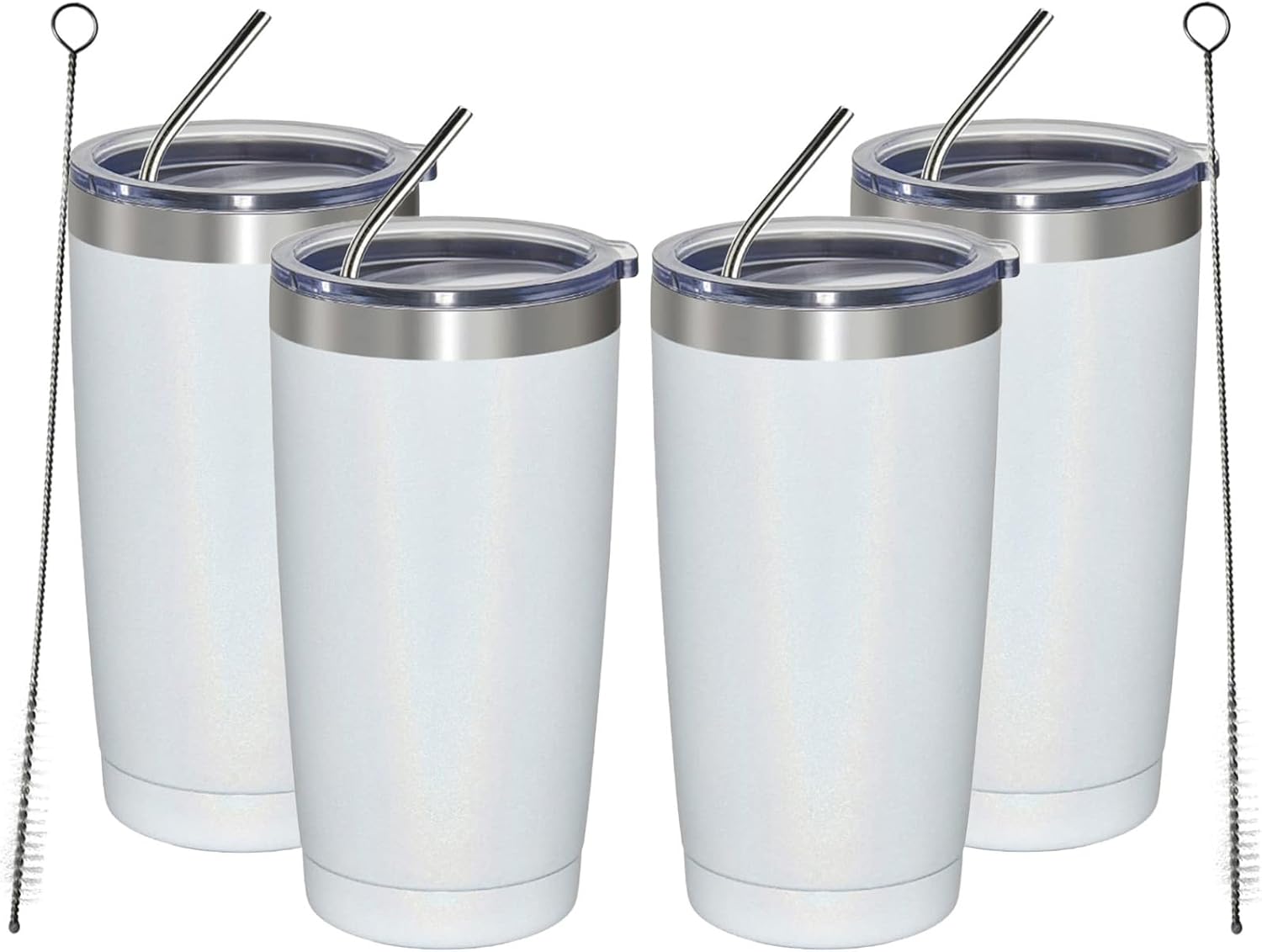 MEWAY 20oz Tumbler 4 Pack Double Wall Vacuum Insulated Travel Glitter Mug Bulk, Stainless Steel Tumblers with Lid and Straw, Powder Coated Coffee Cups for Woman(Rainbow White,Set of 4)