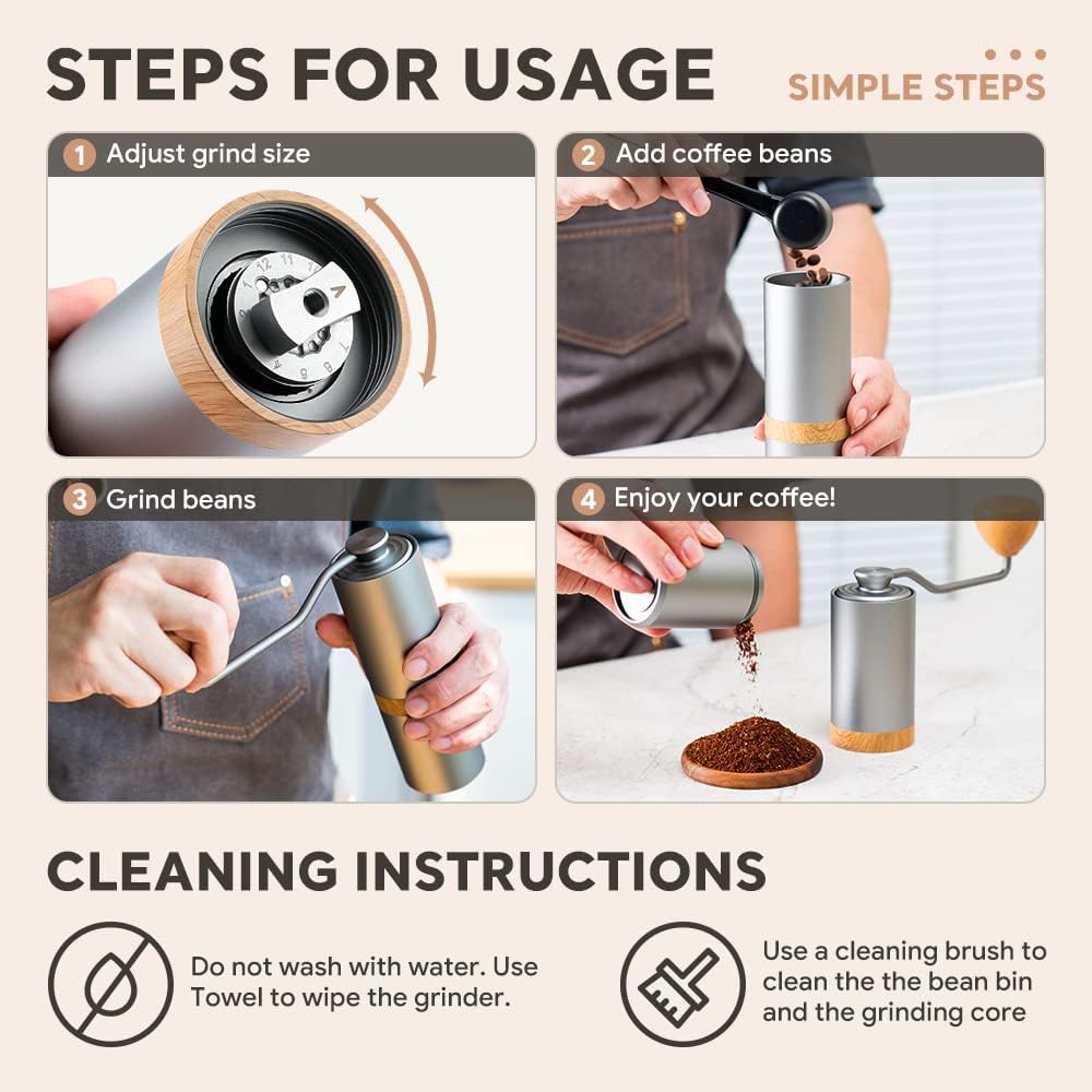 Manual Coffee Grinder Adjustable Setting，Portable Manual Grinder Conical Ceramic Burr Stainless Steel,Capacity 30g