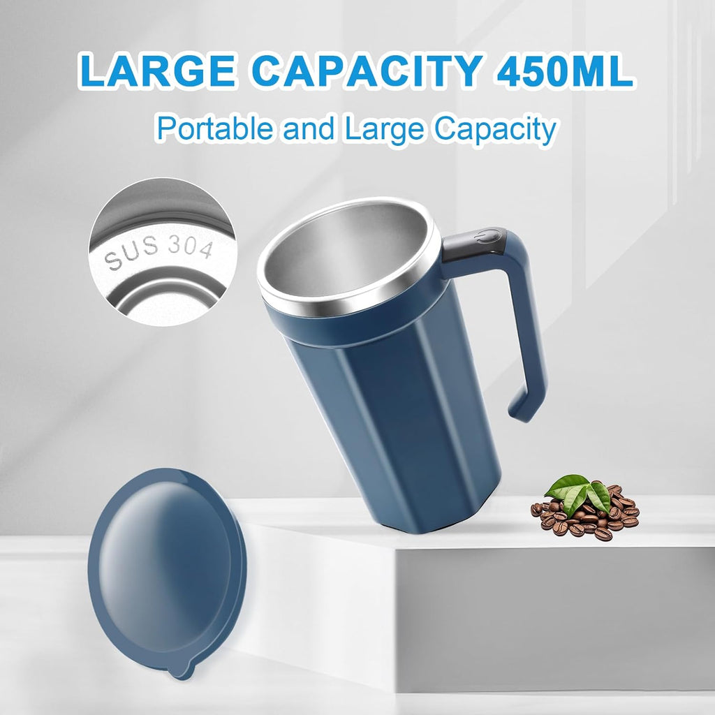 Self Stirring Coffee Mug with Temperature Display, 15oz Automatic Magnetic Mixing Cup, Rechargeable Travel Mug for Coffee, Milk, Cocoa - (Deep Blue)