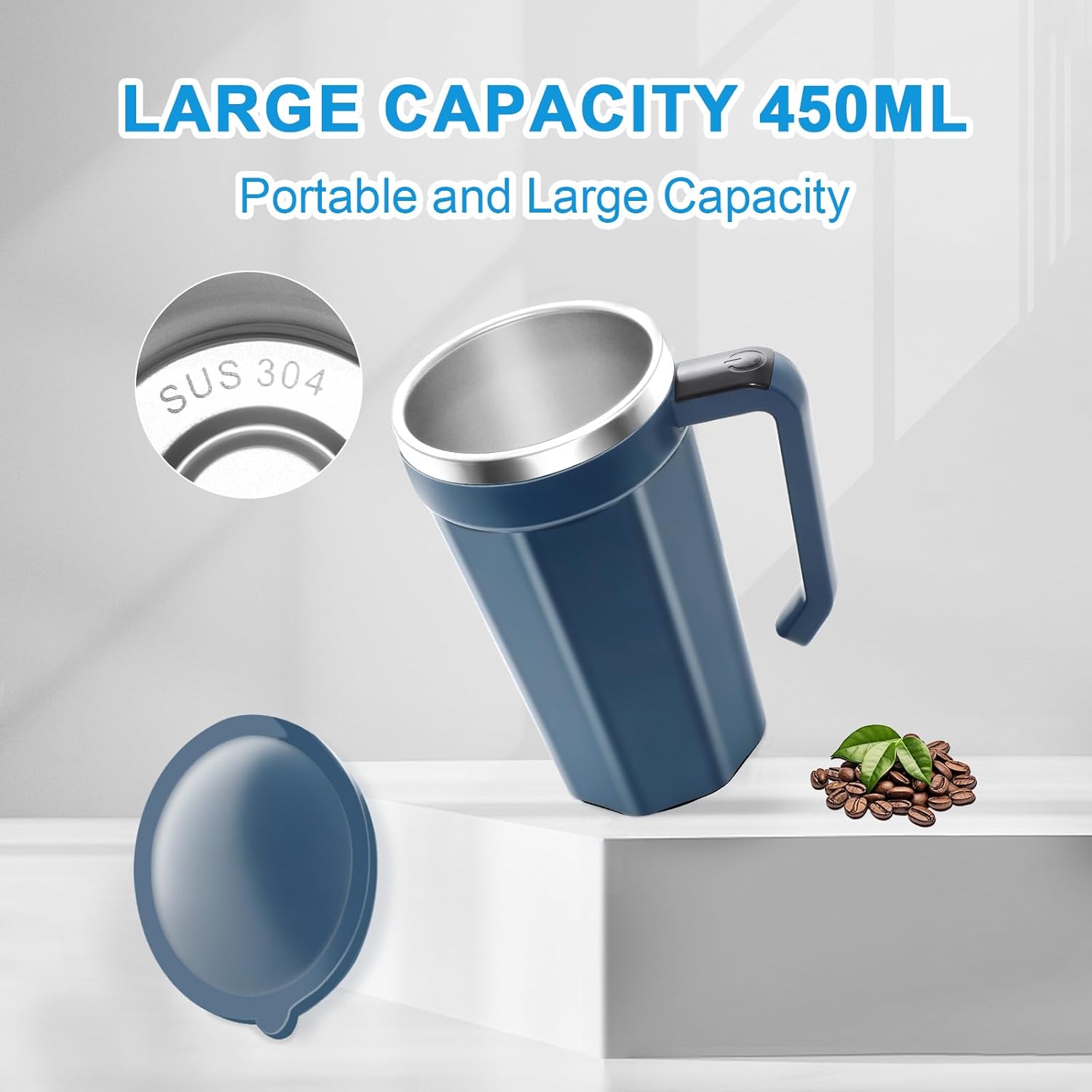 Self Stirring Coffee Mug with Temperature Display, 15oz Automatic Magnetic Mixing Cup, Rechargeable Travel Mug for Coffee, Milk, Cocoa - (Deep Blue)