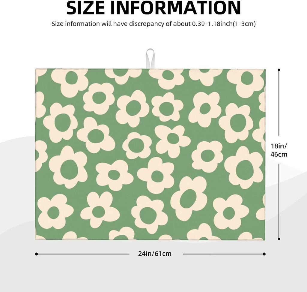 Floral Kitchen Dish Drying Mat for Dishes 18x24 Inch Vintage Groovy Flowers Drying Mat White Daisy Dish Drainer Mat Super Absorbent Dish Rack Pad for Coffee Bar Sinks(Green)