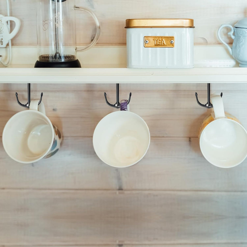 Anchor Shape Zinc Alloy Double Prong Ceiling Hooks, 4-Pack Under Shelf Coat Hooks Hanging Towel Robe Clothes Cap Bathroom Kitchen Cabinet Garage Use (Black)