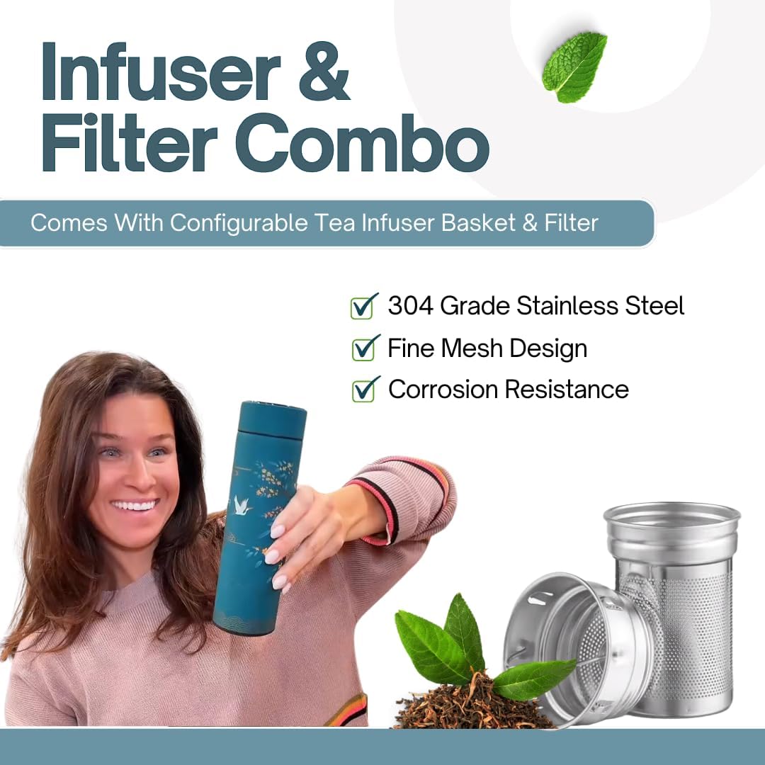 Farasi Tea Infuser for Loose Leaf Tea Smart Water Bottle with Fahrenheit Temperature Display, Stainless Steel Insulated Coffee and Fruit Tea Infuser Bottle - Green Floral Travel Tea Mug 15 oz