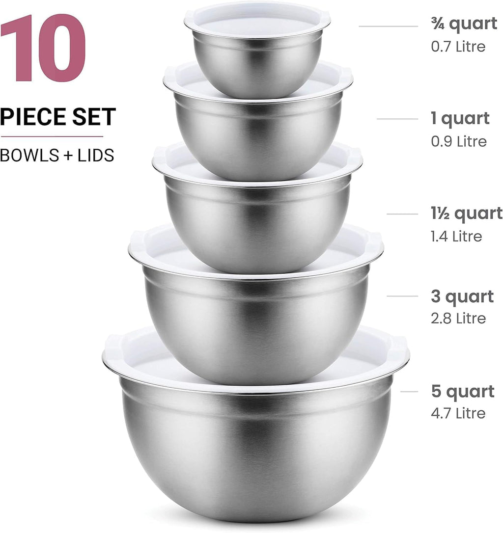 Mixing Bowls Set of 5, Stainless Steel Salad Bowls with Lids, Nesting Metal Mixing Bowls for Baking, Cooking, Prepping & Food Storage