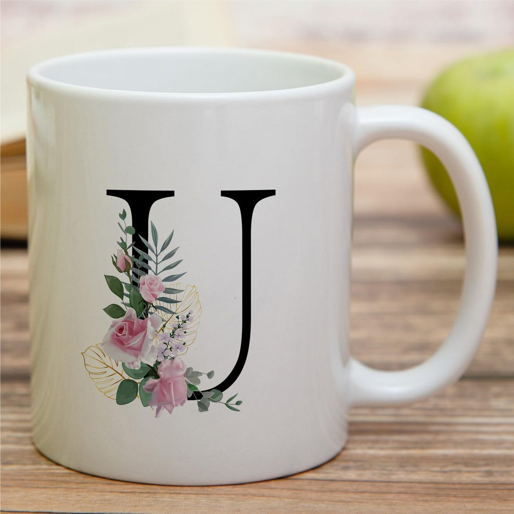 Retreez Initial A-Z Floral Botanical Bouquet Alphabet Monogrammed Monogram Mug 11 Oz Ceramic Tea Coffee Mugs - Appreciation Thank You Wedding Birthday Gifts for her friend coworker sister - U Initial