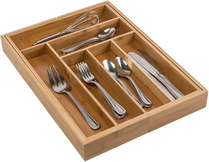 Realm Bamboo Deep Expandable Silverware Organizer | Neatly Stow Cutlery and Utensils in this 6 to 8 Compartment Flatware Tray | Designed For Better Kitchen Drawer Organization | Natural Color Holder