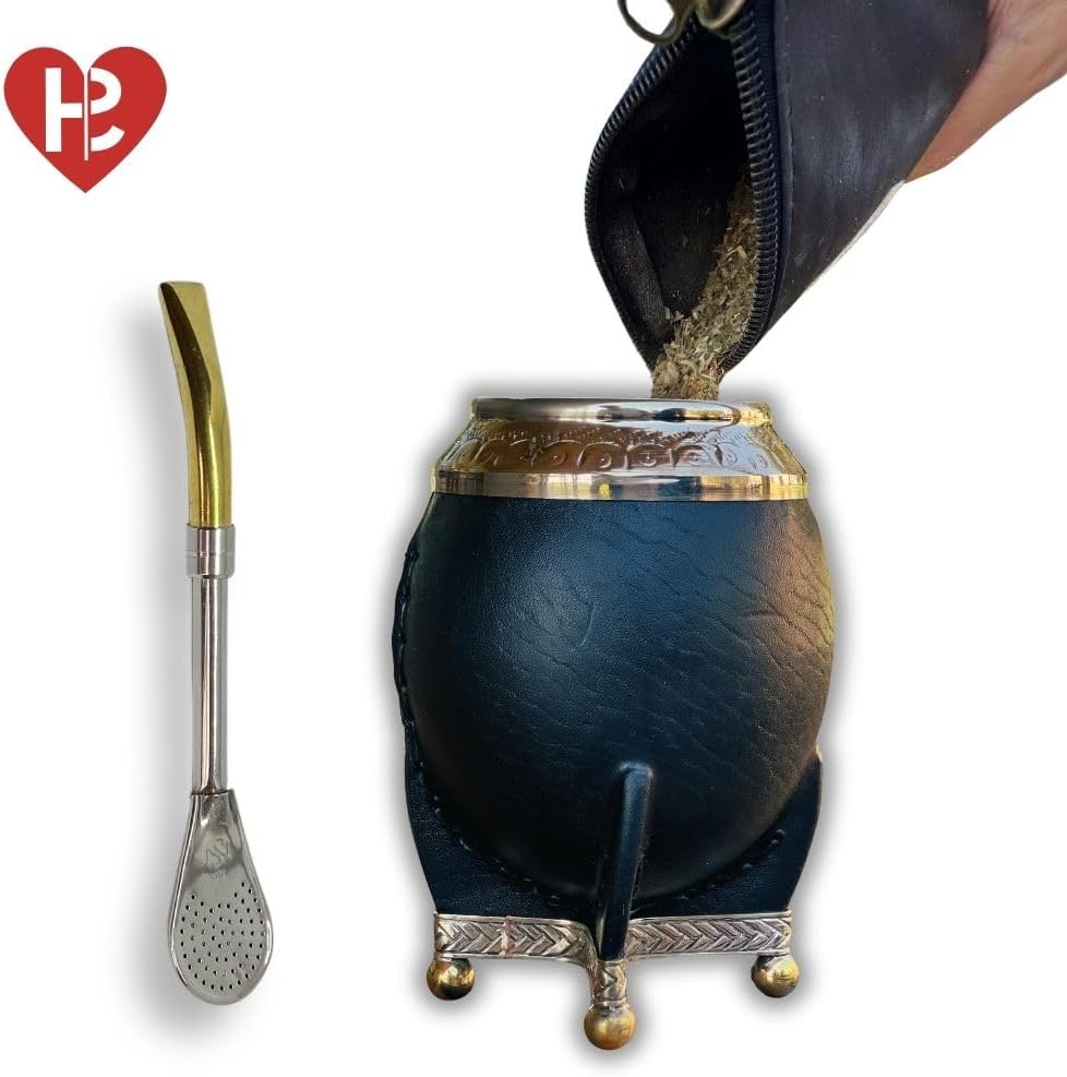 Hide & Smile Torpedo Premium Handmade Mate Kit, pumpkin and leather Cup And Bombilla Set, Authentic Argentine Mate Gourd Tea, Includes Straw, Souvenir from Argentina, Original Design (Black)