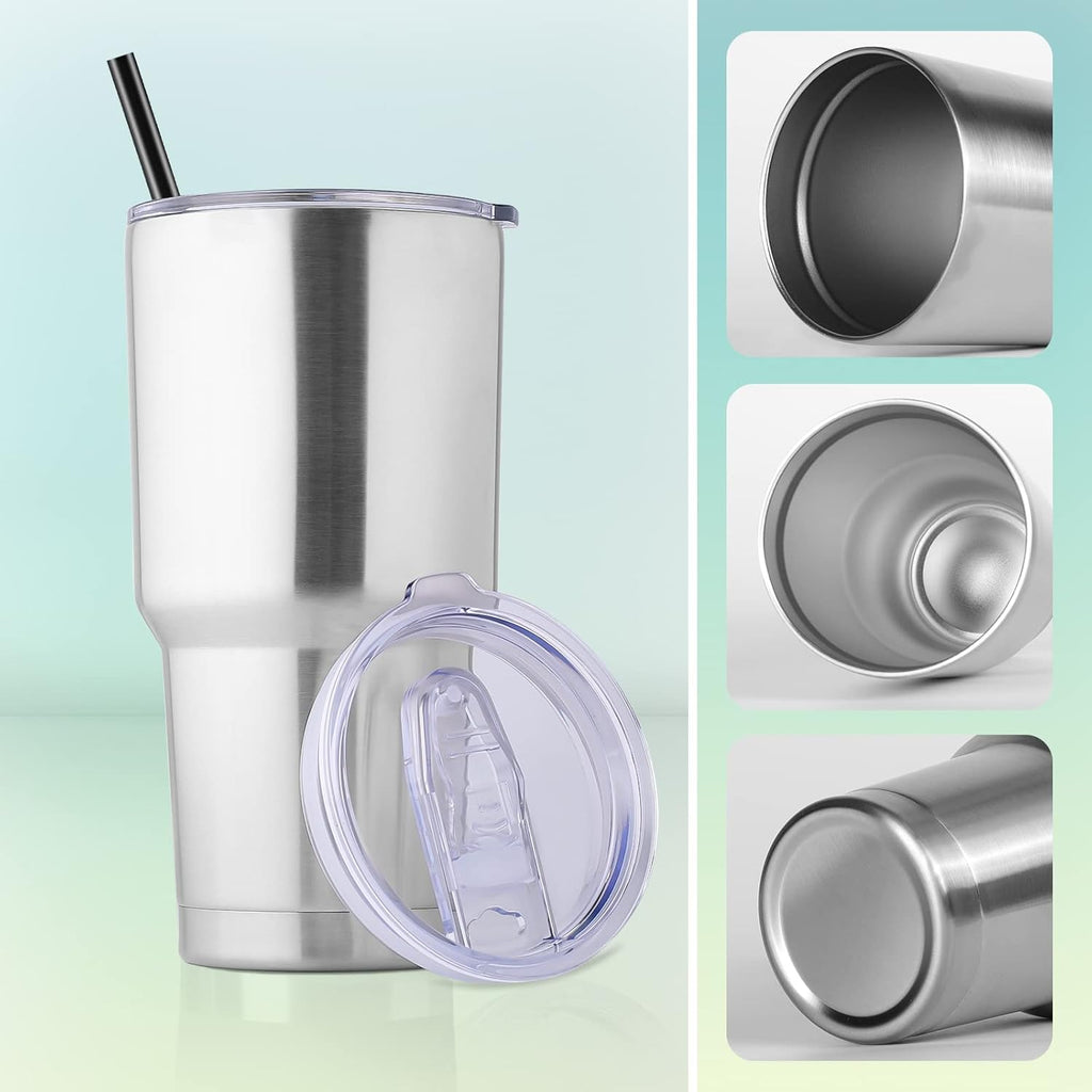 DOMICARE 30 oz Tumbler with Lid and Straw, Stainless Steel Tumblers Bulk, Insulated Vacuum Double Wall Travel Coffee Mug, Durable Powder Coated Tumbler Cups (Stainless Steel, 4)