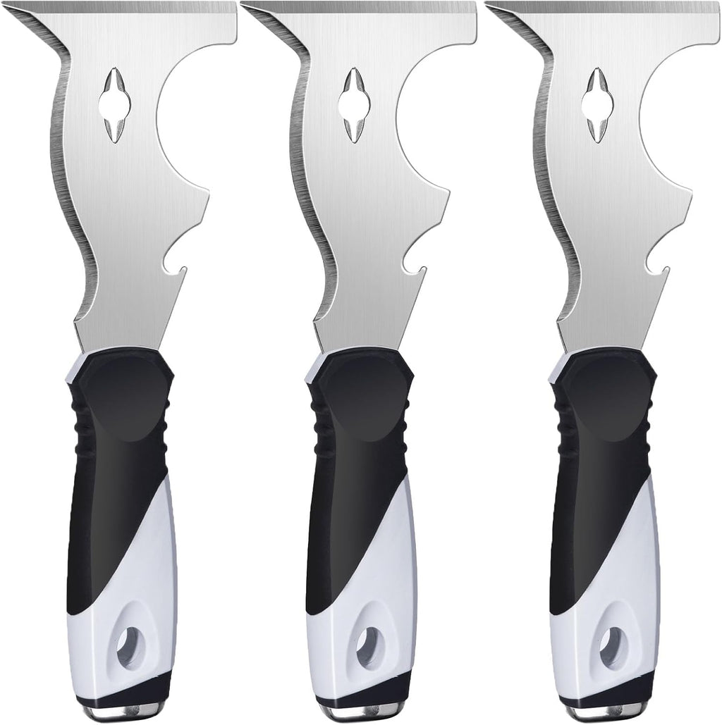 Mister Rui Paint Scraper, 3 Pack Multi Use Paint Tools Putty Knife 10 in 1, Paint Scraper Tools for Painting, Metal Scraper with Hammer End, Taping Knife, Spackle Tool