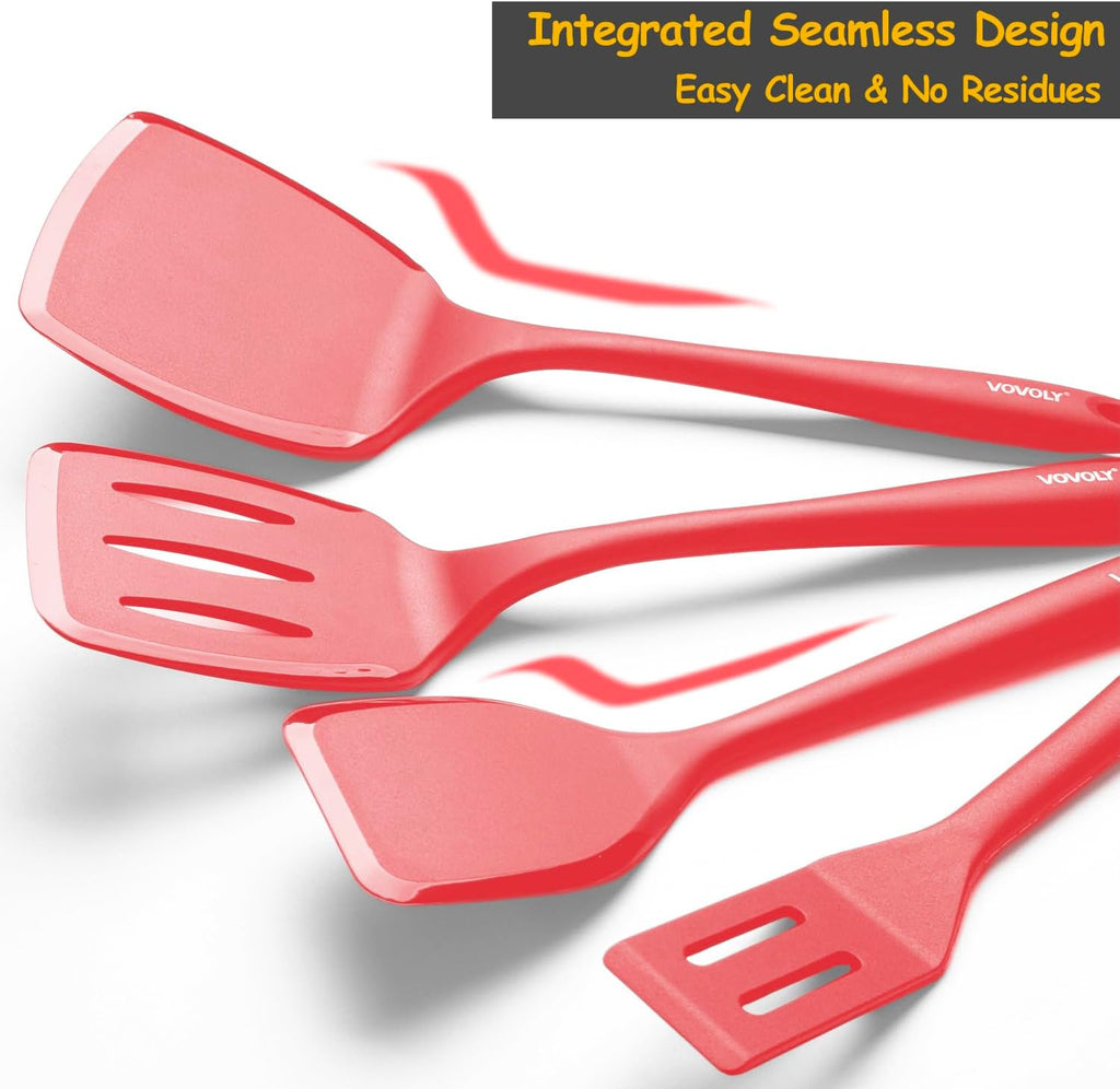 Silicone Spatula Set, 600°F Heat Resistant Silicone Spatula Turner Flipper for Cooking, Non Stick and Non Scratch Kitchen Utensils for Eggs & Pancakes, 4 Pack, Red