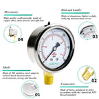 ELECALL 2-1/2” Glycerin Liquid Filled Air Pressure Gauge, 0-30Psi, 1/4”NPT Lower Mount, Stainless Steel Case, Brass Internals, Water Pressure Gauge