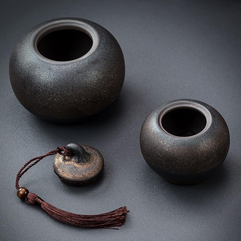 Ceramic Airtight Canister,22 Oz /660ml,Gourd Shap 2 Layers Tea Candy,Food Storage Jar for Coffee,Beans,Herb,Spices,Nuts (Stone Golden)