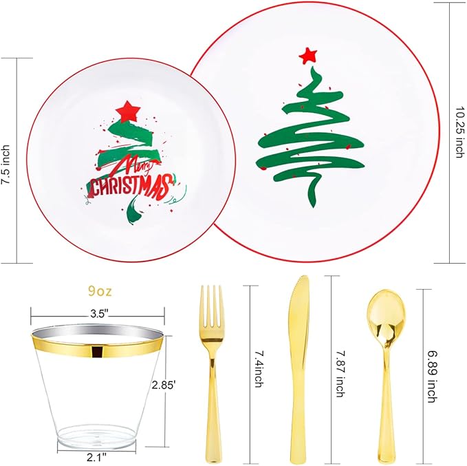 KIRE 25 Guest Christmas Plates - White & Green Tree Plastic Plates & Gold Disposable Utensils & Clear Gold Cups for Christmas Parties