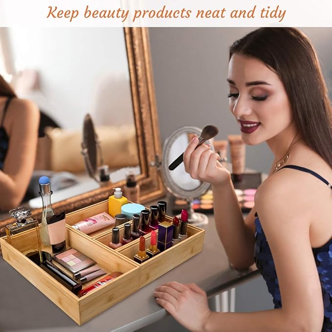 Utensil Organizer Silverware Drawer Organizer - Stackable Bamboo Flatware Caddy Cutlery Holder, Wooden Storage Boxes Tray for Bedroom,Office, Bathroom, Vanity & Garage Tool Organization(9"6"2.5")