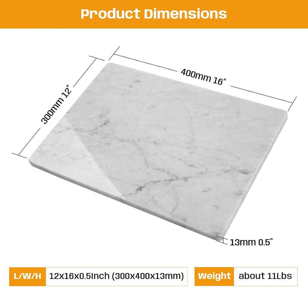 Marble Pastry and Cutting Board 12x16 Inch, Marble Slab With Non-Slip Feet For Baking, Cheese, Charcuterie, Chocolate, Pack of 1 Piece, Carrara White