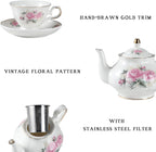 Sweejar Porcelain Tea Sets, Vintage British Floral Relief Gold Rimmed Teapot Cup and Saucer Set, Tea Set Service for 6, with Teapot, Sugar Bowl, Milk Jug, Spoons, Tea Cup and Saucer (Pink Flower)