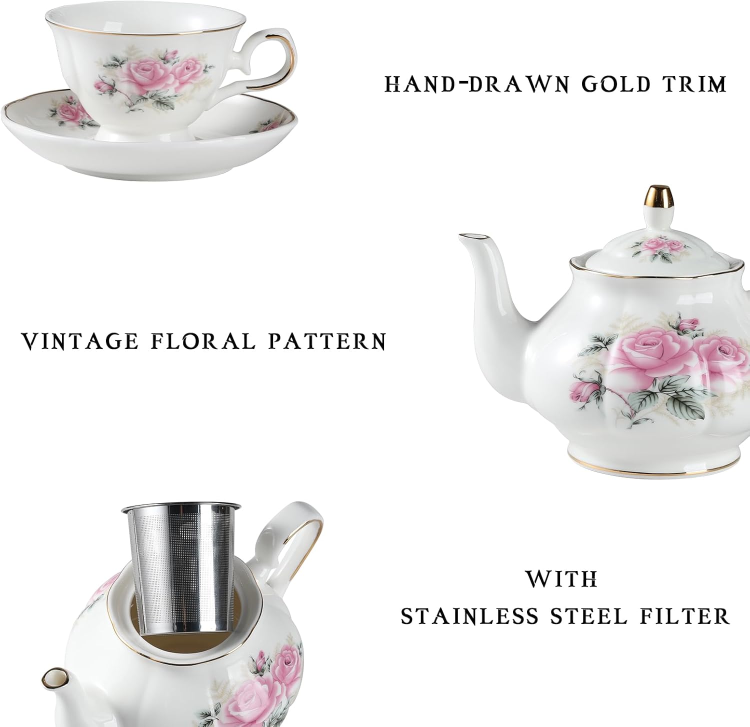 Sweejar Porcelain Tea Sets, Vintage British Floral Relief Gold Rimmed Teapot Cup and Saucer Set, Tea Set Service for 6, with Teapot, Sugar Bowl, Milk Jug, Spoons, Tea Cup and Saucer (Pink Flower)